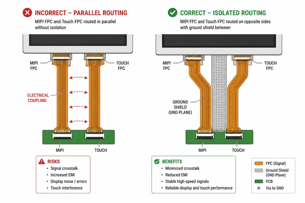 Touch FPC noise coupling and isolated routing comparison