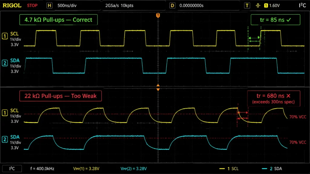 I2C signal quality comparison — oscilloscope showing clean SDA/SCL at 400kHz with 4.7kΩ pull-ups vs slow rising edges with 22kΩ pull-ups