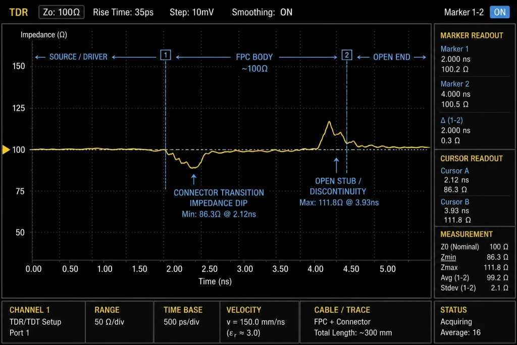 TDR impedance trace through an FPC and connector transition