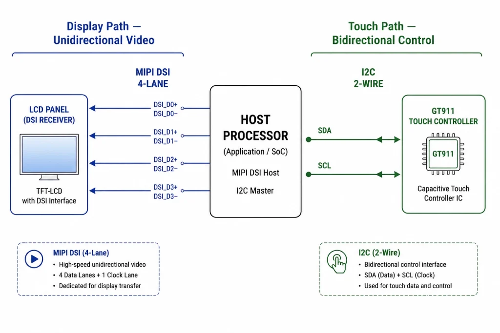 Separate MIPI DSI display and I2C capacitive touch signal paths