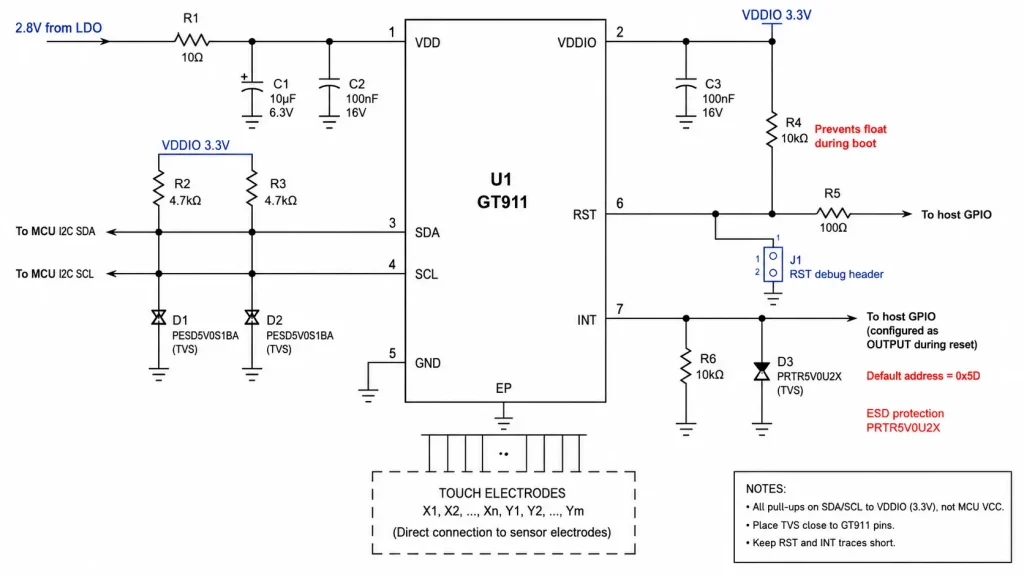 PCB schematic detail showing GT911 INT/RST pull resistors, TVS ESD protection, and I2C pull-ups to VDDIO