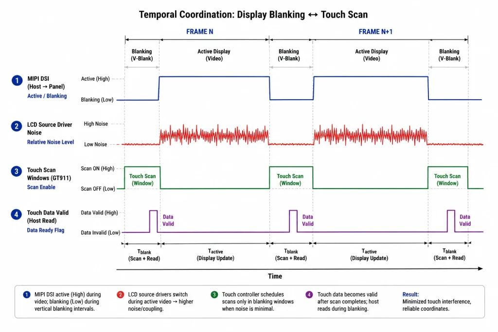 MIPI DSI frame timing and capacitive touch scanning windows