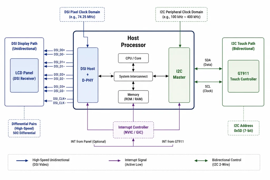 Separate DSI host and I2C touch-controller processor blocks