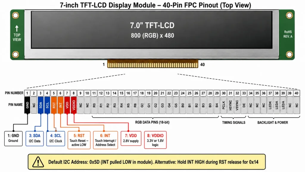 Industrial GT911 touch module FPC pinout diagram — INT, RST, SDA, SCL, VDD, VDDIO pin positions labeled for ESP32-S3 integration