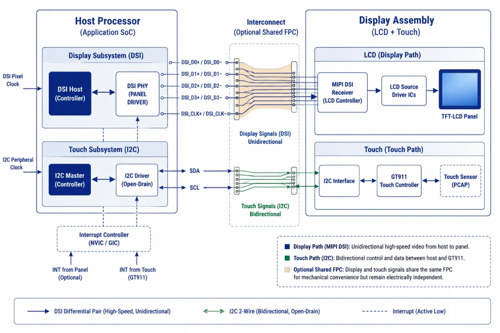 Combined display module with separate DSI and touch interface stacks