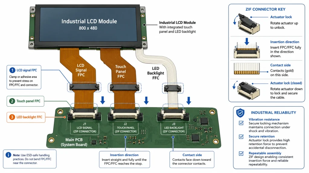 ZIF connectors inside an industrial LCD module