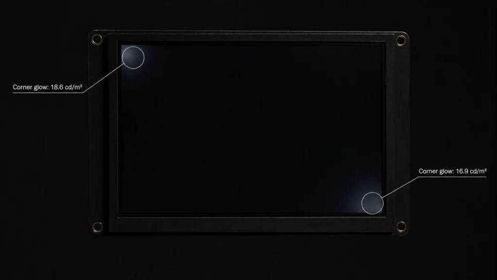 Industrial LCD backlight bleeding visible on a black screen