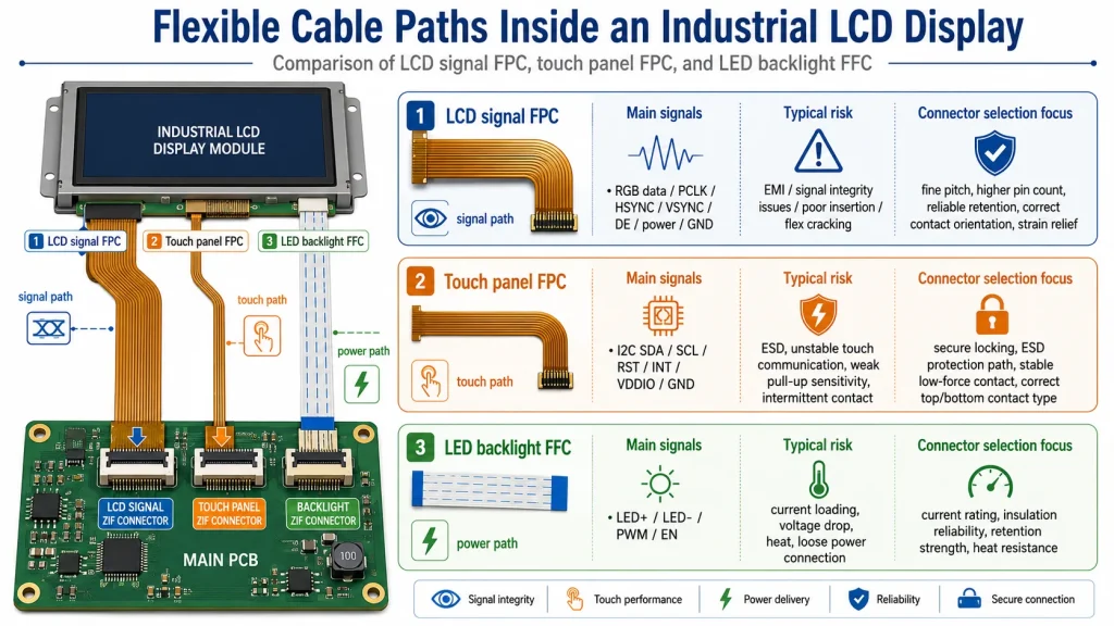 Three ZIF/FFC paths in industrial display assemblies
