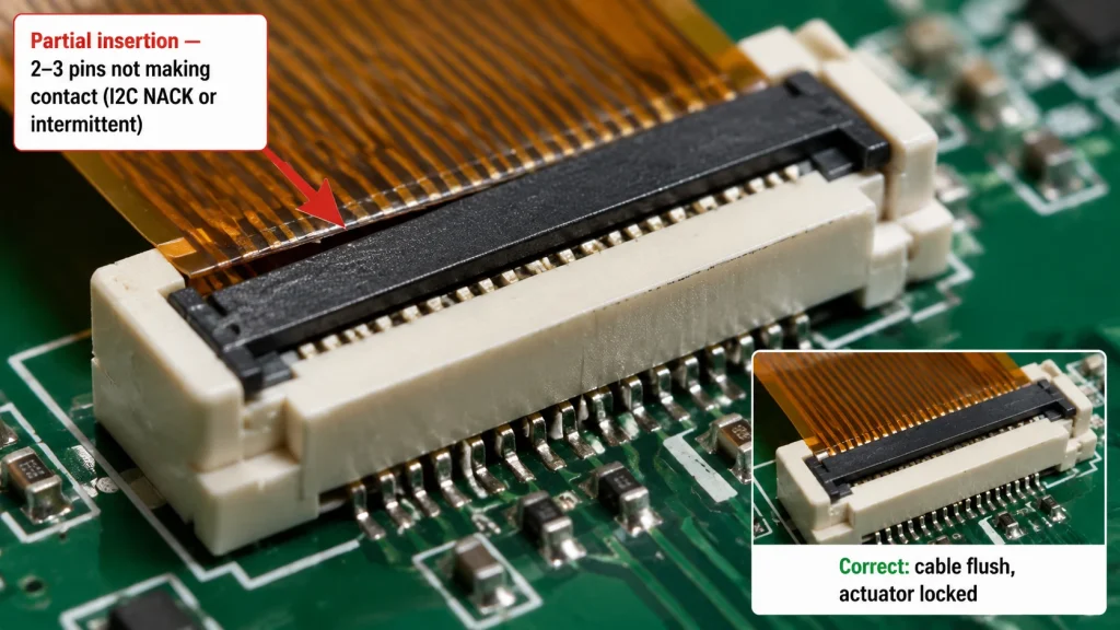  FPC cable partially unseated in ZIF connector — close-up macro photography showing the gap and misalignment causing I2C contact failure