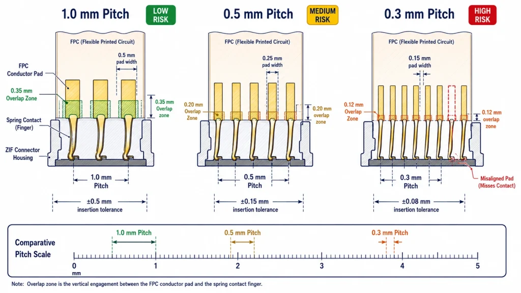 ZIF connector pitch diagram — 1.0mm vs 0.5mm vs 0.3mm pitch conductor pads with contact overlap zone and insertion tolerance annotations