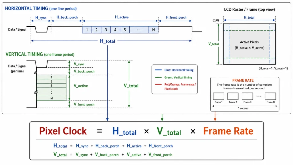 MIPI DSI bandwidth formula mapped to horizontal and vertical panel timing totals