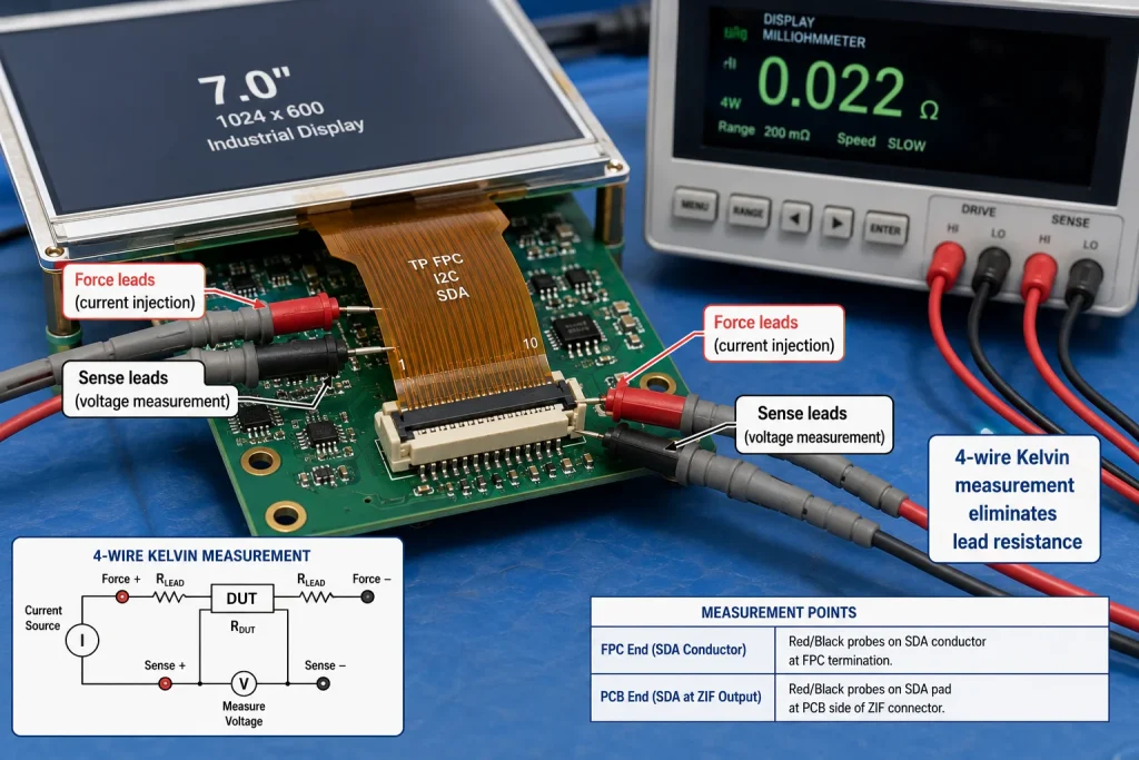 Four-wire Kelvin measurement setup on FPC touch connector — milliohmmeter probes on SDA and SCL pads showing contact resistance measurement
