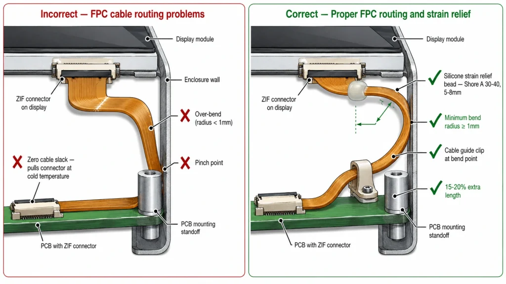  FPC routing design comparison — correct enclosure design with minimum bend radius guide vs incorrect pinched routing, and silicone strain relief application