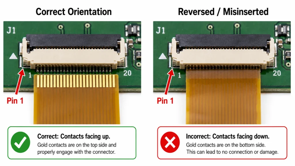 Close-up of FPC connector showing correct vs. reversed cable orientation, with pin 1 arrows on both connector and cable.