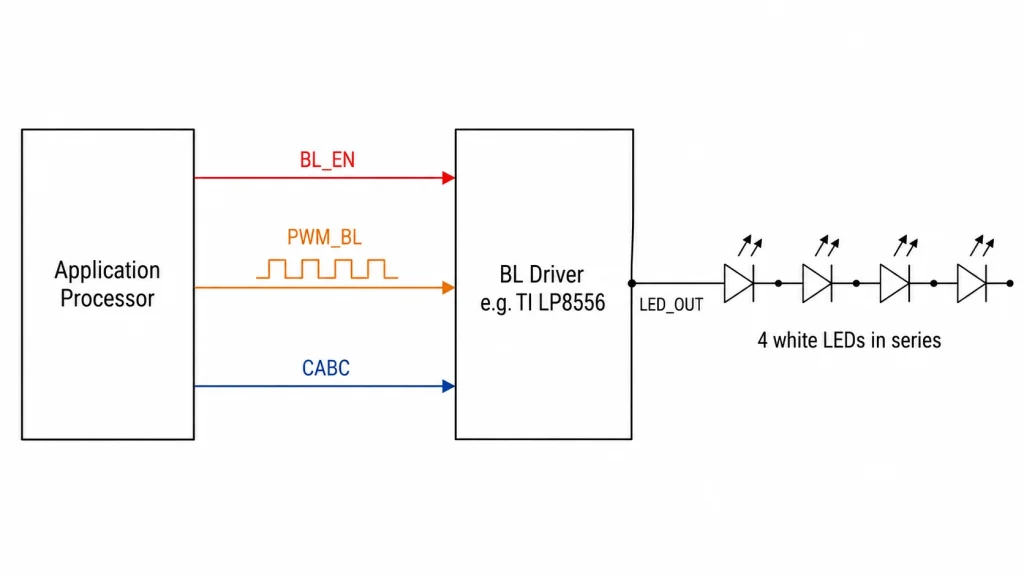 Schematic showing WLED backlight driver circuit with BL_EN, PWM_BL, and CABC signal paths from SoC to LED driver IC