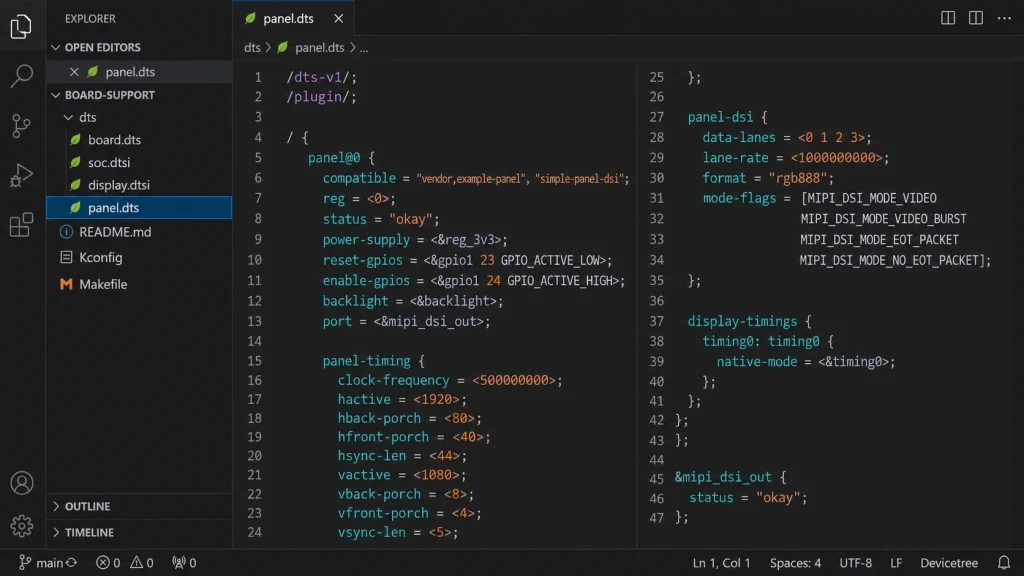 Dark-theme code editor showing a MIPI DSI Device Tree node with key parameters highlighted: clock-frequency, data-lanes, hactive, hback-porch, panel-init-sequence.
