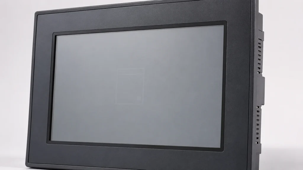 Side-by-side comparison photo of an LCD panel showing image retention — a faint ghost outline of a previously displayed static UI element visible against a different background.