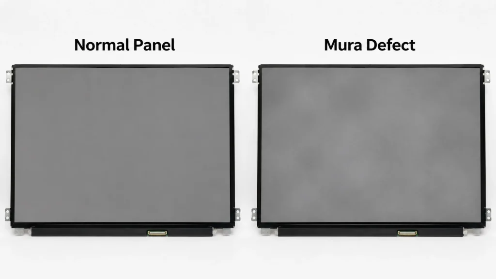 Full-screen photograph of an LCD panel displaying a uniform gray test pattern, with visible cloudy/blotchy brightness variation (mura) overlaid as faint patches, against a clean reference panel