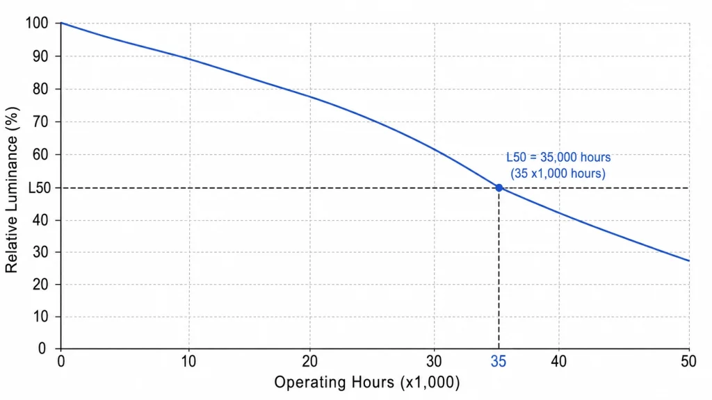 Line graph showing LED backlight luminance degradation over operating hours, declining from 100% to roughly 50% (L50 lifetime point), annotated with typical industrial LCD luminance specs and time markers in hours