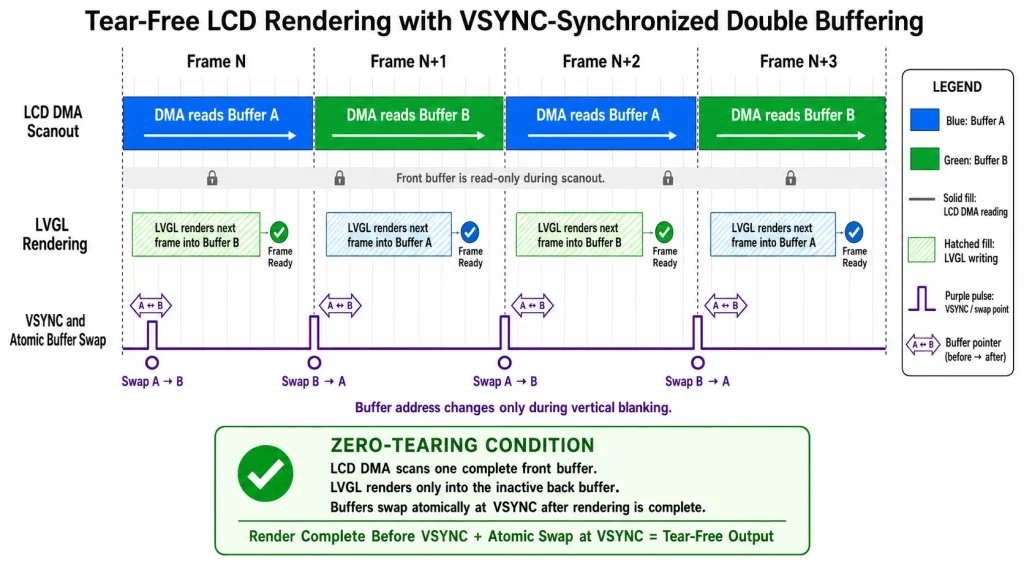 VSYNC-synchronized double framebuffer ping-pong timing for ESP32-S3 RGB LCD