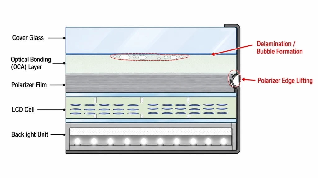 Cross-section diagram of an LCD stack-up showing cover glass, optical bonding layer, polarizer film, and LCD cell, with callouts highlighting delamination and polarizer edge lifting