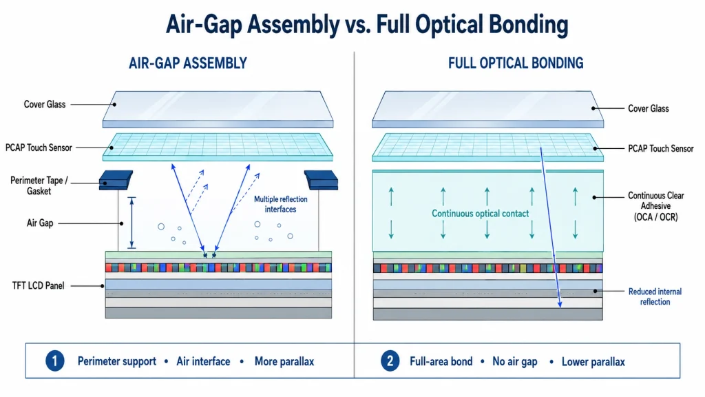 Air-bonded and optically bonded industrial touchscreen layer stacks