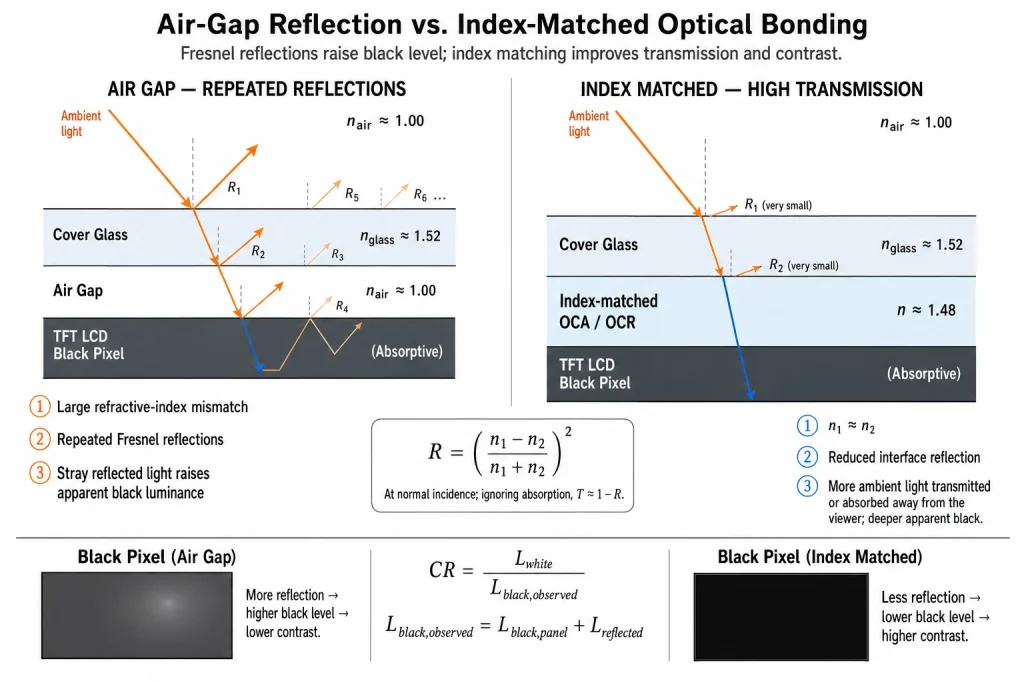 Fresnel reflections and perceived contrast in air-bonded and optically bonded touchscreen stacks