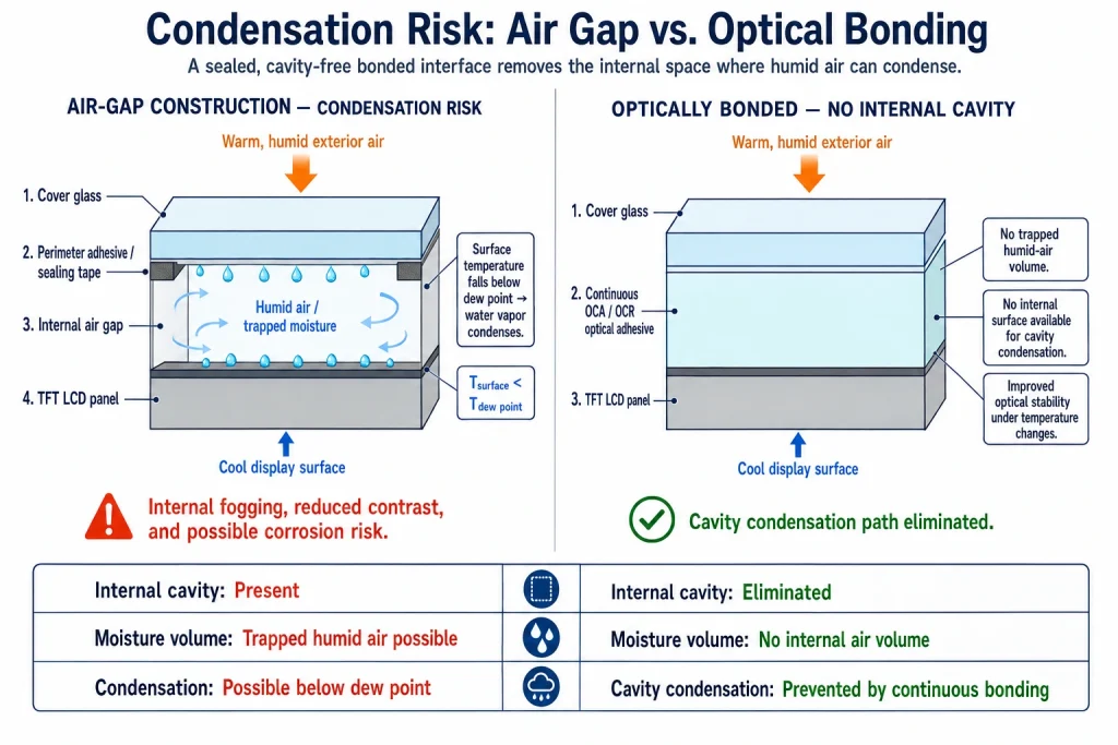 Dew-point condensation in air-bonded and optically bonded industrial touchscreens