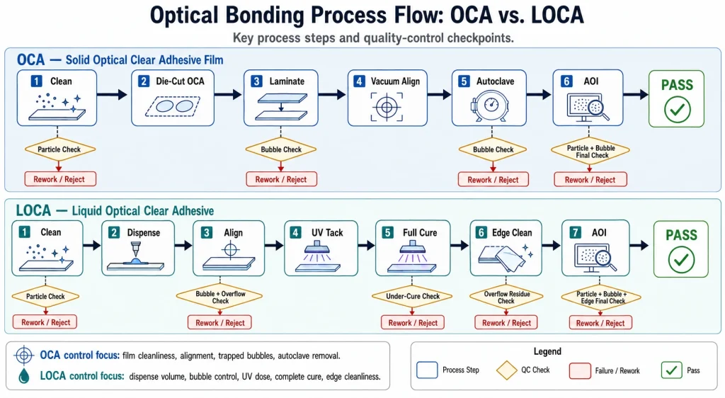 OCA and LOCA touchscreen optical bonding process comparison
