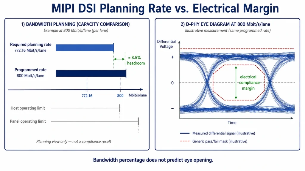 MIPI DSI scheduling headroom compared with separate D-PHY electrical compliance margin