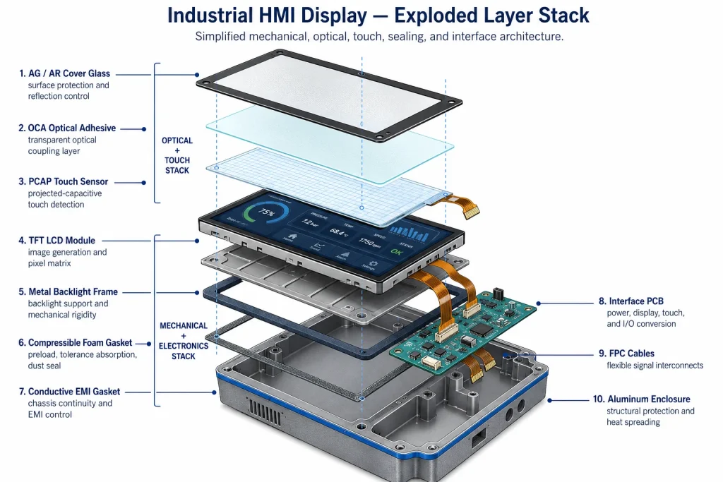 Exploded industrial touchscreen stack from cover glass to enclosure