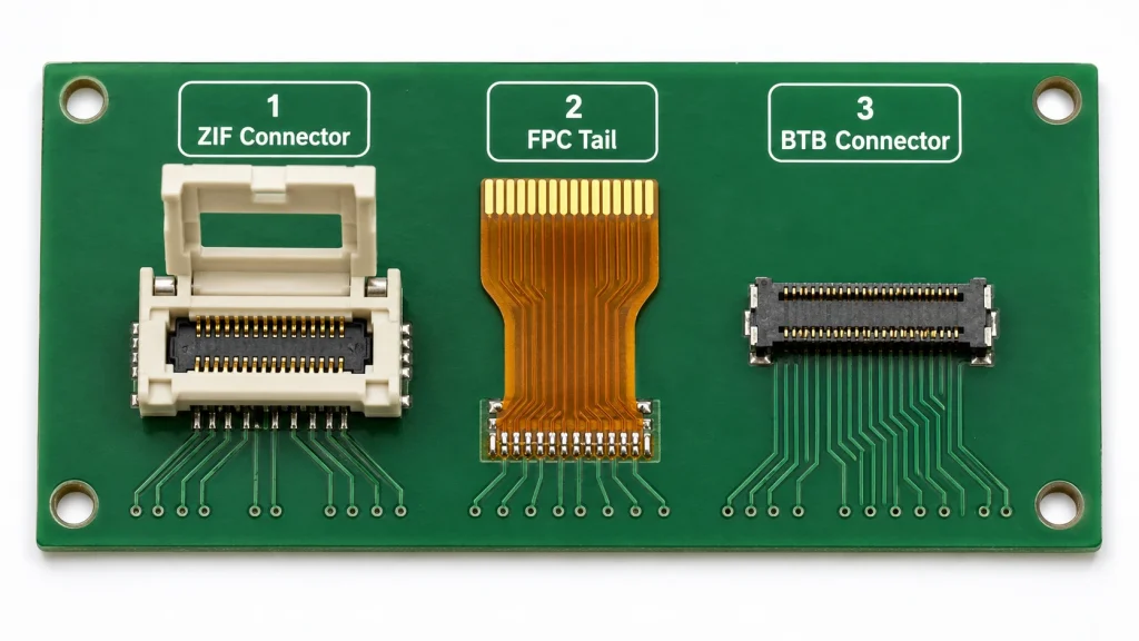 Labeled comparison photo showing three connector types side by side on a PCB — a ZIF connector with flip-lock open, an FPC ribbon cable with gold contact fingers, and a board-to-board connector