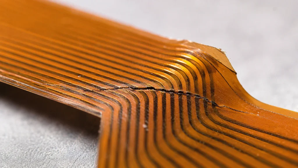 Close-up macro photo of a flex cable (FPC) showing a visible crack across copper traces at a bend point, with the polyimide coverlay partially lifted