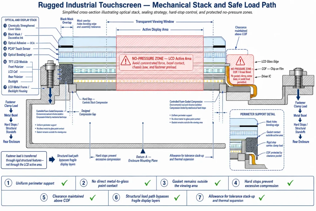 Cross-section showing load paths, tolerance stack, and no-pressure zones