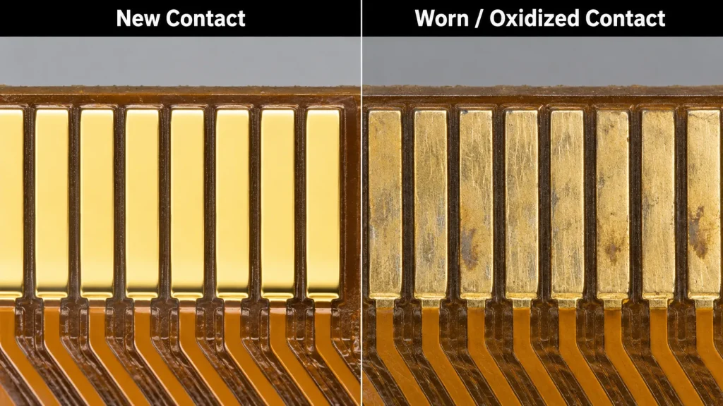 Microscope-style close-up comparison showing a clean, shiny gold-plated FPC contact pad next to a worn, discolored/oxidized contact pad