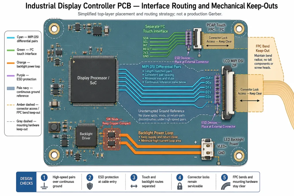 Display PCB and dual-FPC layout with controlled routing zones