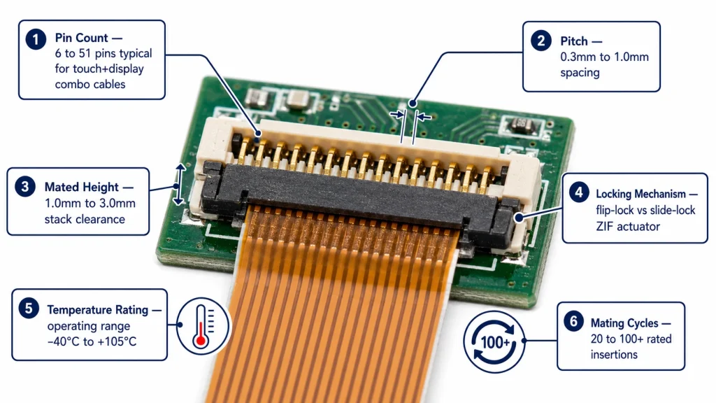 Industrial touchscreen connector selection overview — FFC/FPC connector mounted on PCB with six parameter callouts (pin count, pitch, height, lock, temperature, cycles)