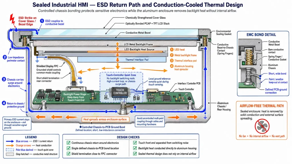 ESD, EMI, and thermal paths through a sealed industrial display