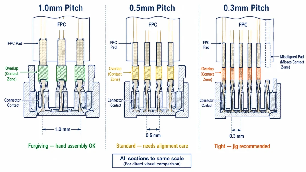 Pitch comparison diagram showing 1.0mm, 0.5mm, and 0.3mm FPC connectors to scale with contact overlap zones highlighted