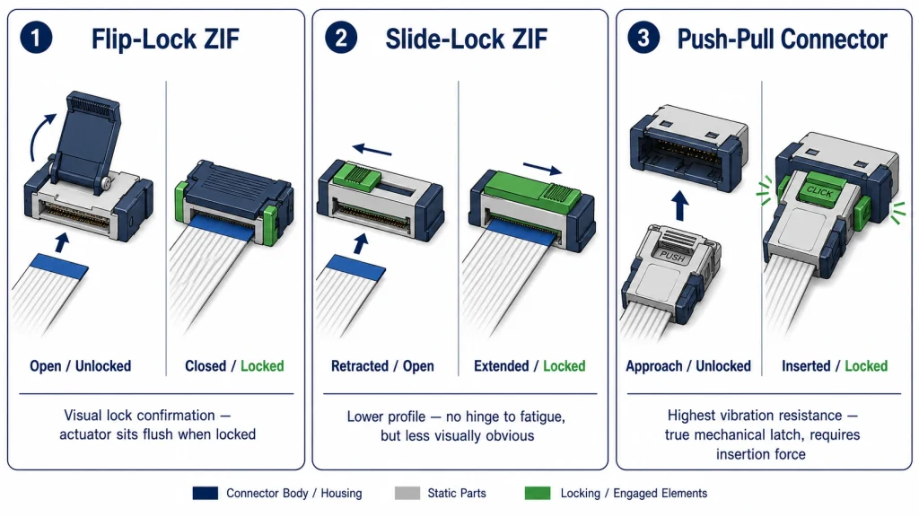 Three connector locking mechanisms side by side — flip-lock ZIF, slide-lock ZIF, and push-pull connector, each shown in open and locked positions