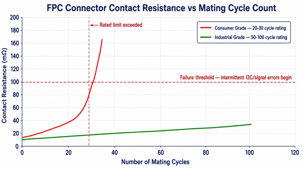 Contact resistance degradation graph over mating cycles — showing the non-linear rise as connector approaches rated cycle limit, consumer vs industrial grade comparison