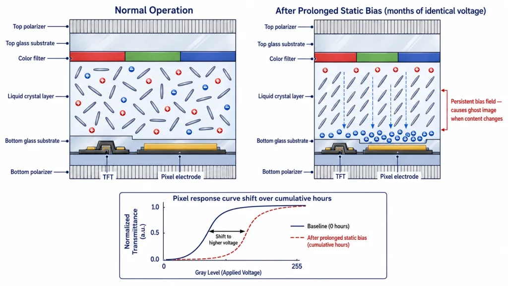 Cross-section diagram of LCD pixel cell showing ion migration mechanism causing image retention under sustained static voltage