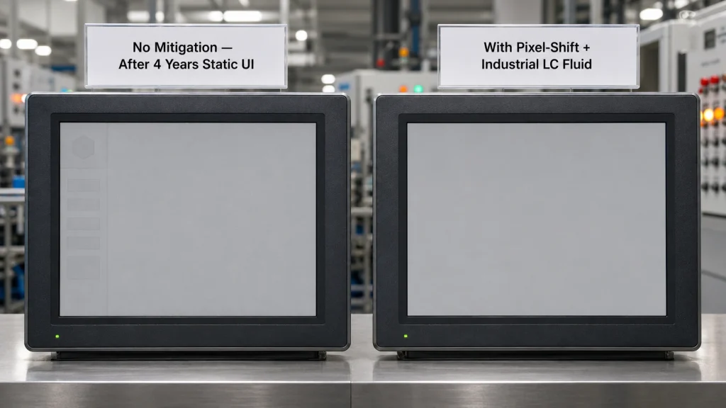 Side-by-side LCD screen comparison showing visible image retention ghosting vs clean screen with pixel-shift mitigation applied
