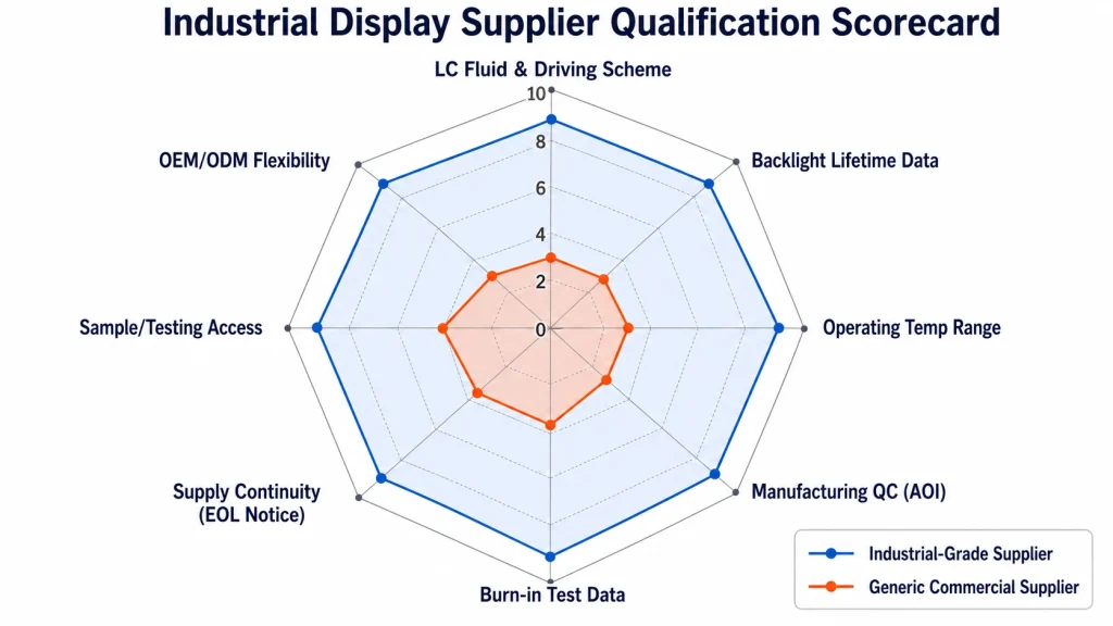 Supplier qualification scorecard infographic showing eight evaluation criteria as a radar/spider chart comparing two hypothetical suppliers