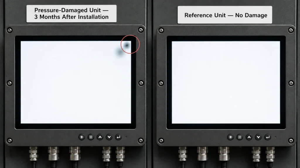 Industrial touchscreen with a visible dark pressure spot near a mounting point, contrasted with a clean undamaged panel of the same model