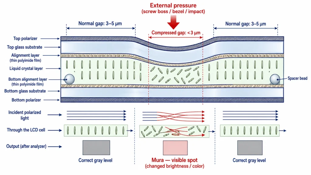 Cross-section diagram of LCD cell gap showing localized compression from external pressure causing liquid crystal misalignment and light leakage