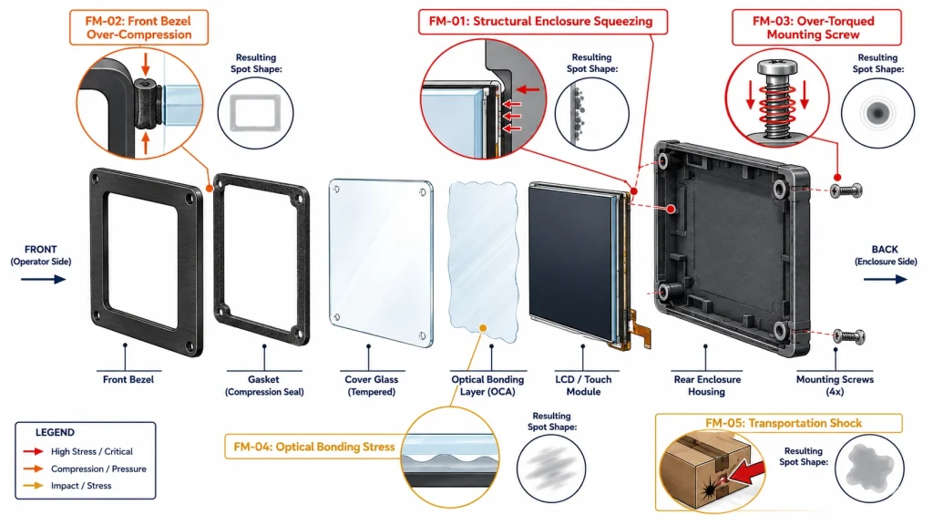 Five pressure damage failure modes illustrated as labeled diagram positions on a touchscreen panel cross-section with enclosure