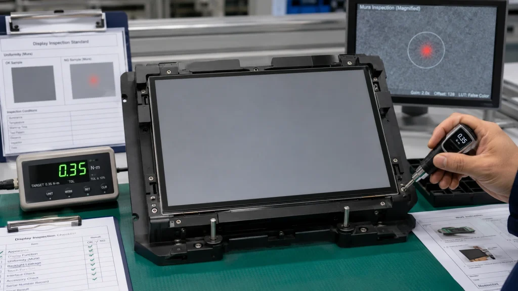 Quality inspection station showing uniform grey test pattern displayed on a touchscreen panel under controlled lighting for Mura detection