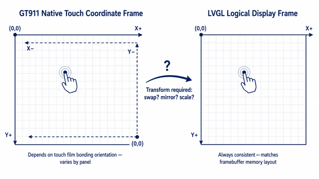 Touch coordinate systems comparison diagram — GT911 native reference frame vs LVGL logical coordinate frame with origin and axis direction differences highlighted