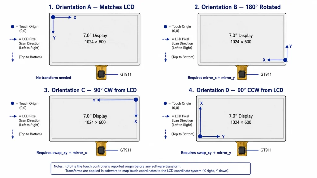 Touch film bonding orientation variations diagram — four possible electrode matrix orientations relative to LCD pixel scan direction, shown as overlay diagrams on the same physical panel